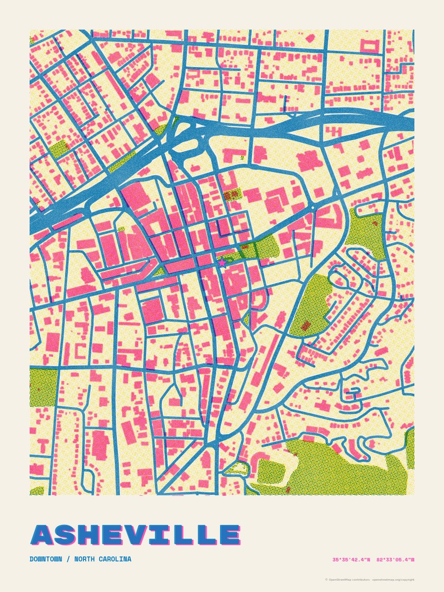 Risograph style map of Asheville