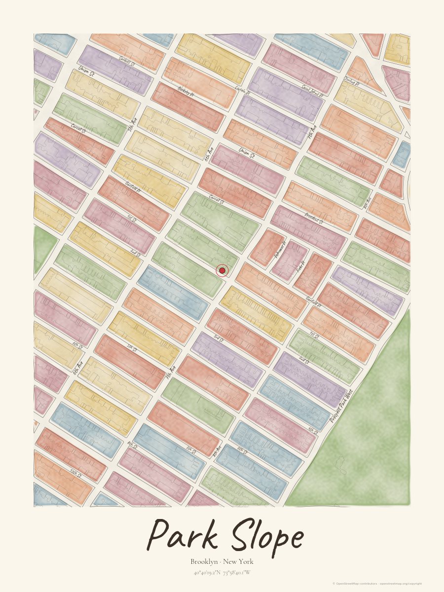 Watercolor map of Park Slope, Brooklyn