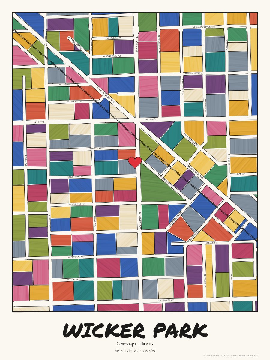 Ink and marker mosaic map of Wicker Park, Chicago